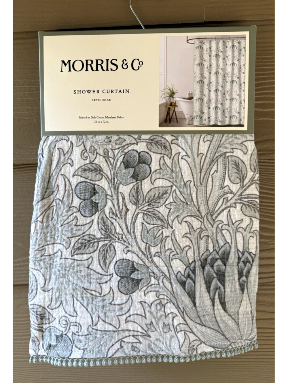 Morris & Co Artichoke Floral Teal Gray Cotton Matelasse Fabric Shower Curtain